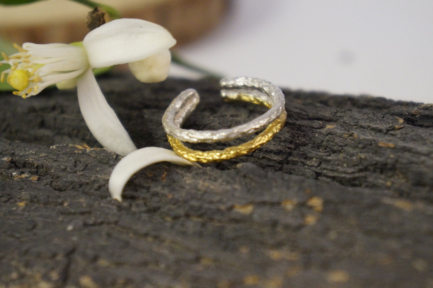 Two tone branch ring for nature lovers. Double Sterling silver Twig Ring. Adjustable or fix size Pine Branch nature inspired