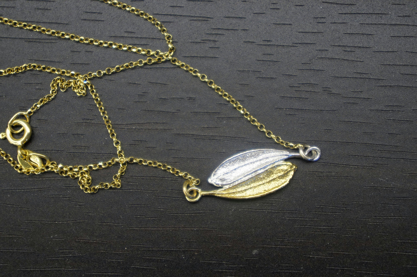 Yin yang necklace, Olive tree Necklace. Sterling silver 925 and 14K Gold plated on silver. 2 small Olive leaves Mother Nature Jewelry.