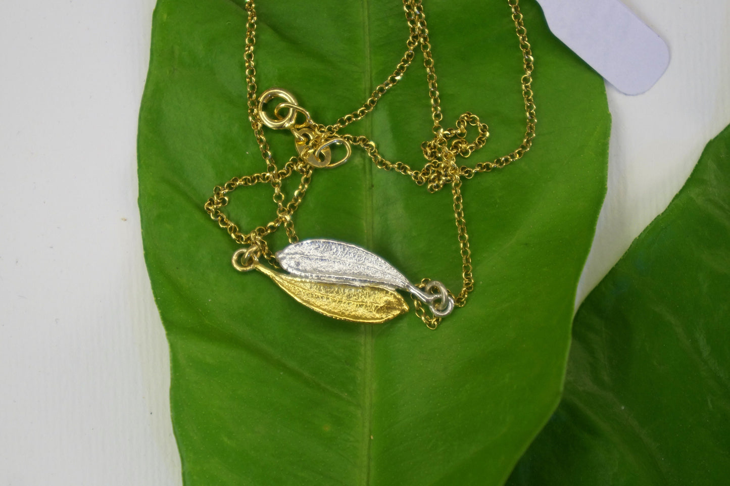 Yin yang necklace, Olive tree Necklace. Sterling silver 925 and 14K Gold plated on silver. 2 small Olive leaves Mother Nature Jewelry.