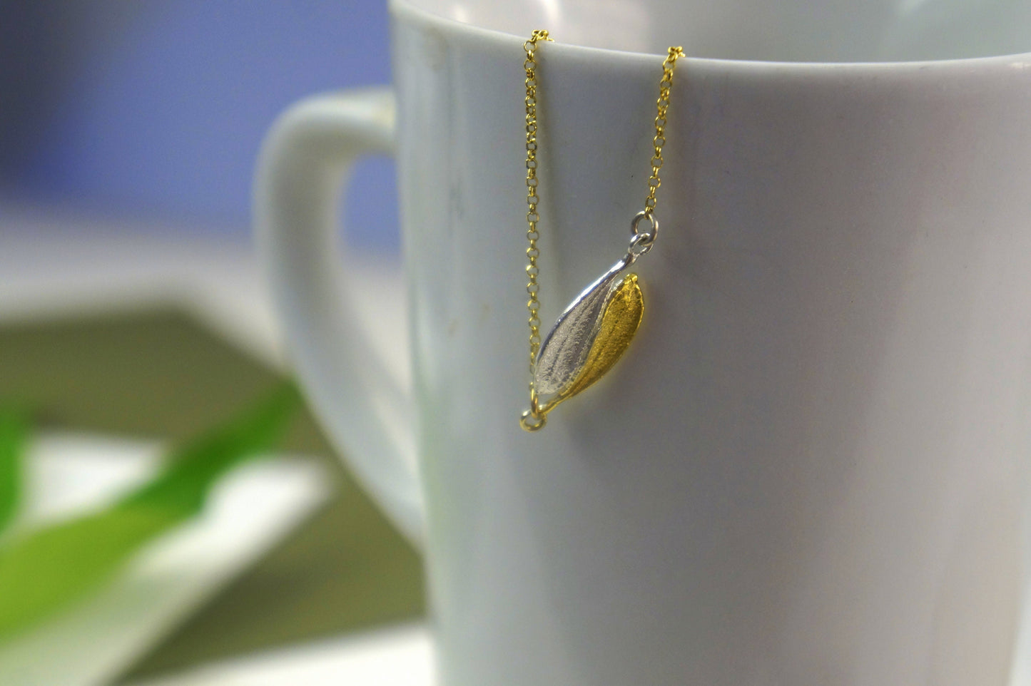 Yin yang necklace, Olive tree Necklace. Sterling silver 925 and 14K Gold plated on silver. 2 small Olive leaves Mother Nature Jewelry.