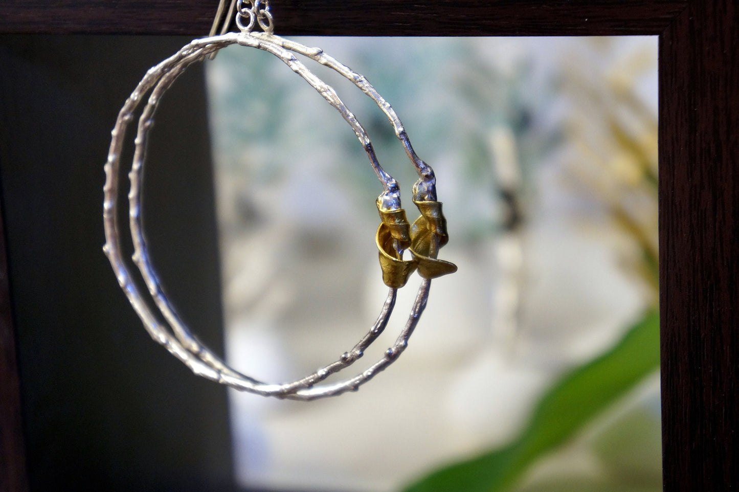 Large Ηoop Olive Branch and Leaf Earrings. 14k Gold plated on sterling silver.