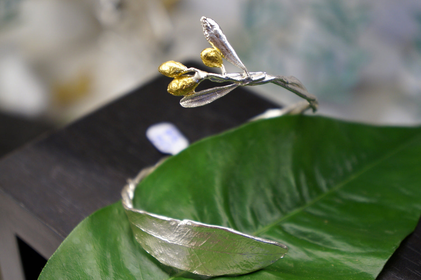 Statement Cuff Bracelet, 14K Gold and Black Rhodium or Sterling Silver 925 and gold. Olive Branch and leaves,Adjustable Bracelet for Women.
