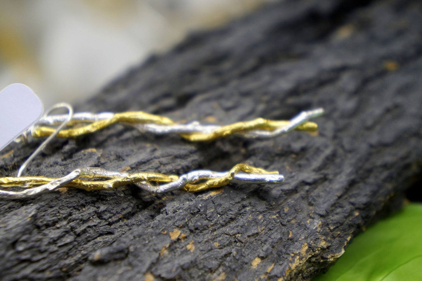 OLIVE BRANCH Earrings in sterling silver. Two tone Long Dangle Olive twig Earrings for nature lovers