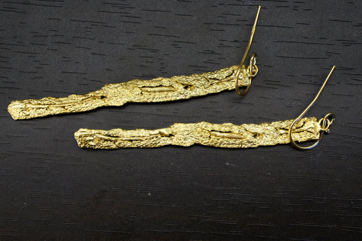 Tree bark Long Dangle Earrings.14k Gold plated on Sterling silver statement,