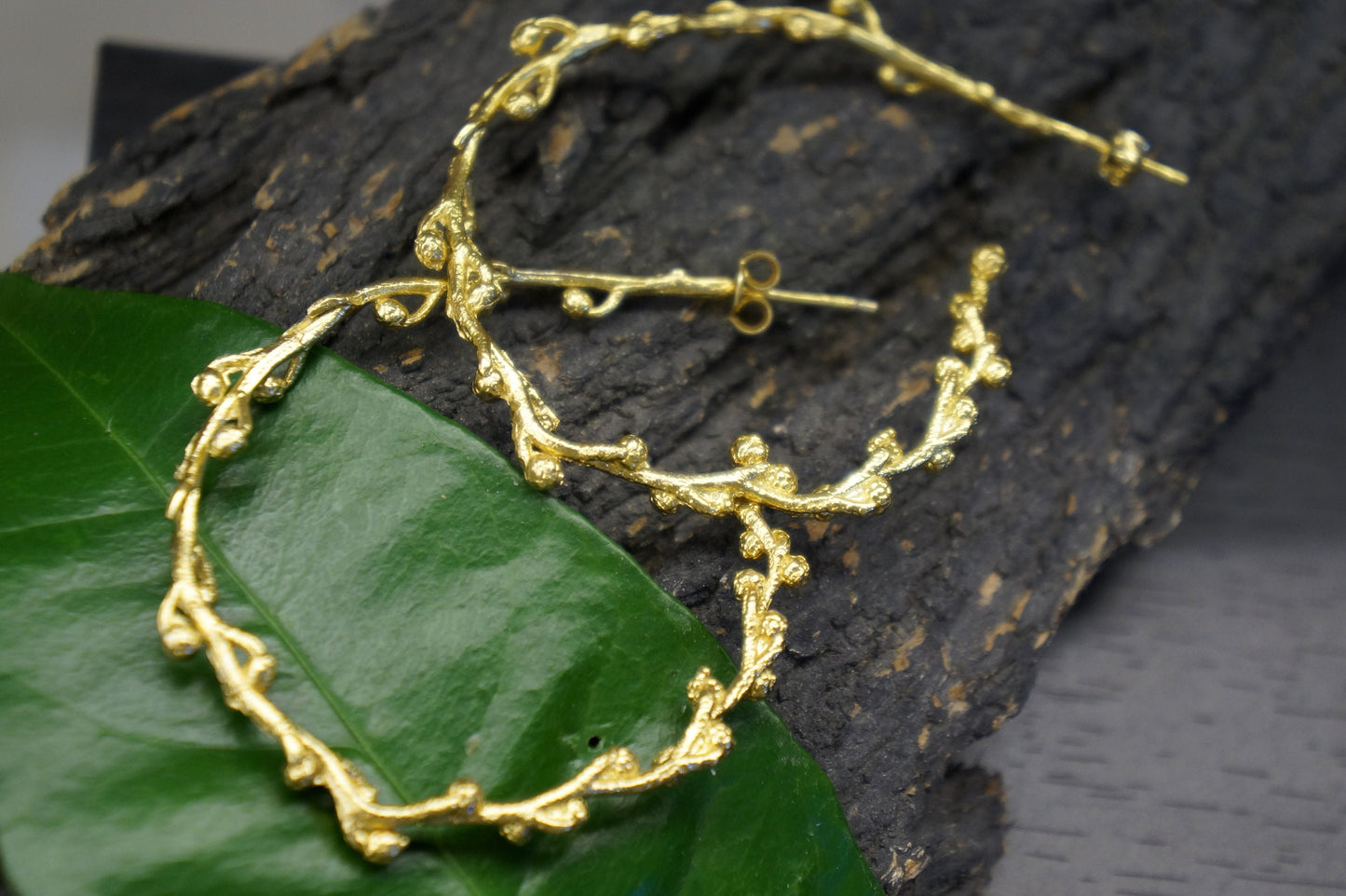 Mimosa twig with buds hoops earrings for Women.14k Gold plated on recycled sterling silver 925.Acacia-Mimosa is symbol of renewal,Fortitude