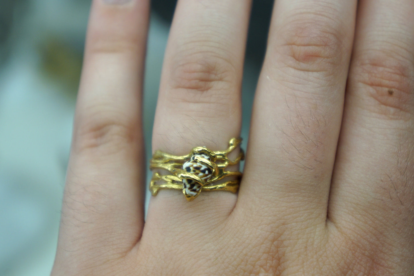 Minimalist Handmade Nature Jewelry. ring Jasmine Twig Ring, Real Sea Shell on Sterling Silver 925 Ring.
