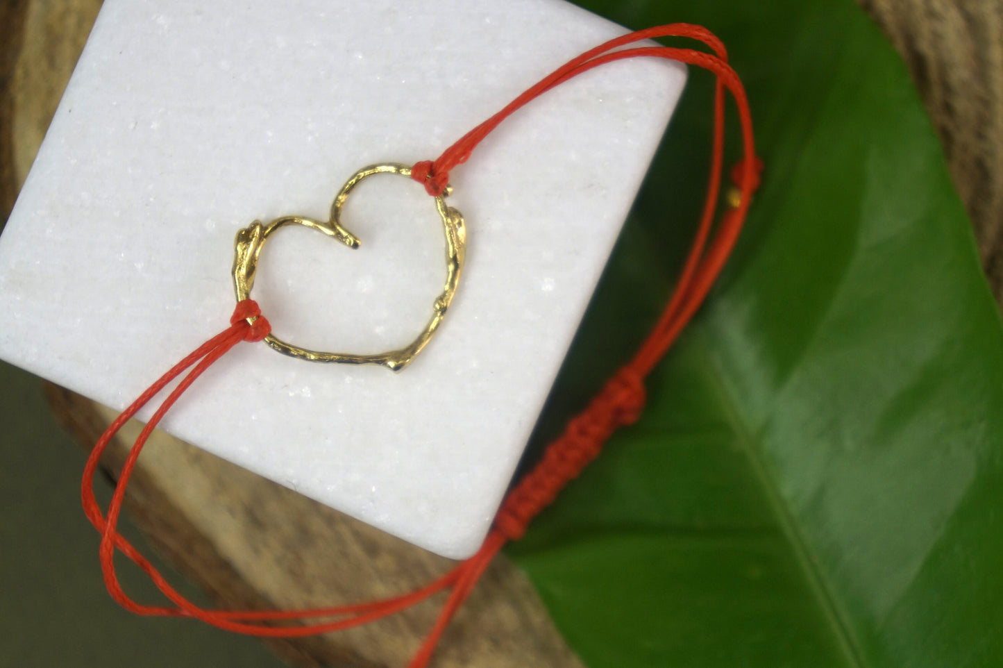 Heart shape cord string, Sasmine twig bracelet in sterling silver, 14K Gold plated plated.