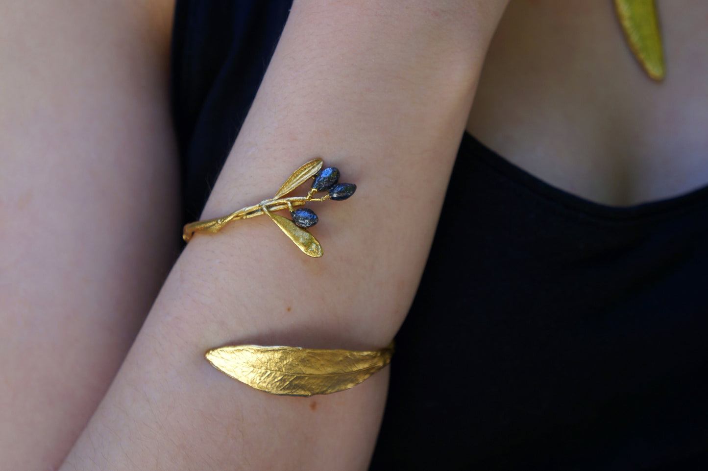 Statement Cuff Bracelet, 14K Gold and Black Rhodium or Sterling Silver 925 and gold. Olive Branch and leaves,Adjustable Bracelet for Women.