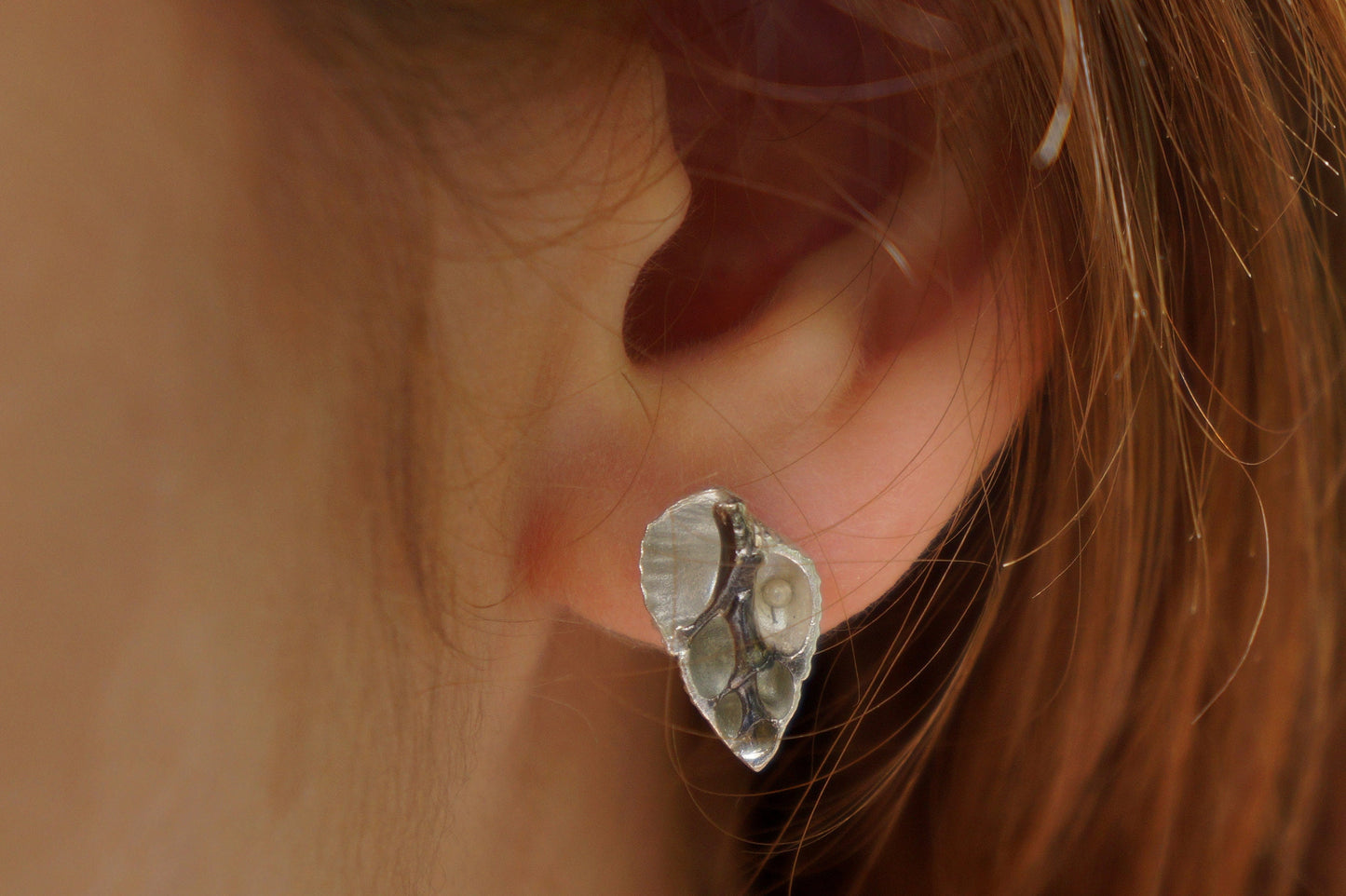 Half heart Earrings Sterling Silver Sea Shell Stud Earrings,Open HEART earrings by Mother Nature Jewelry