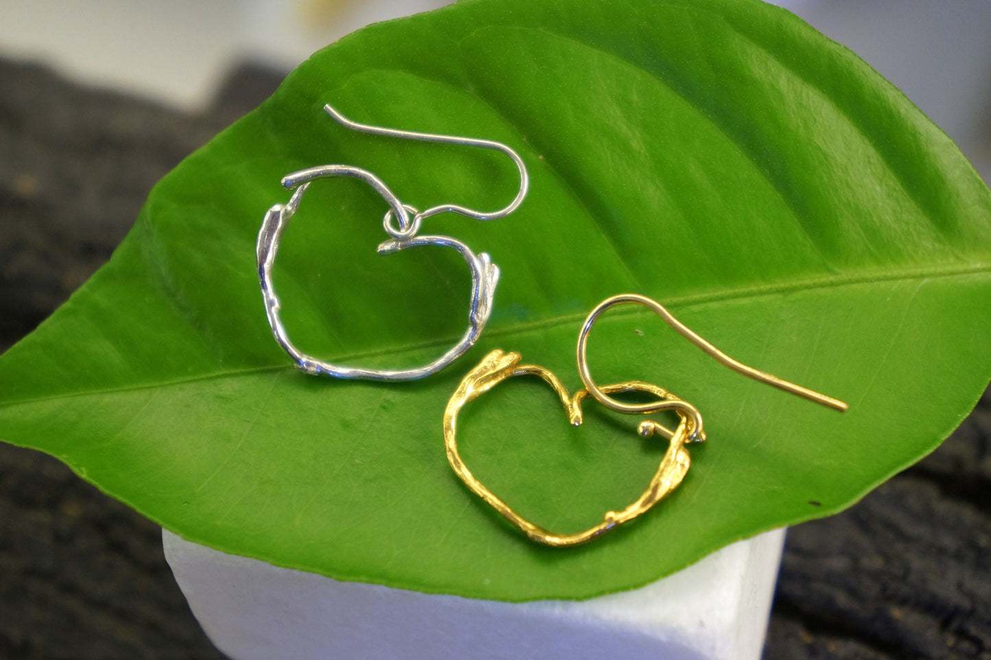 Heart Earrings for girls and women. Sterling silver jasmine plant Twig earrings Gold plated. By mother nature