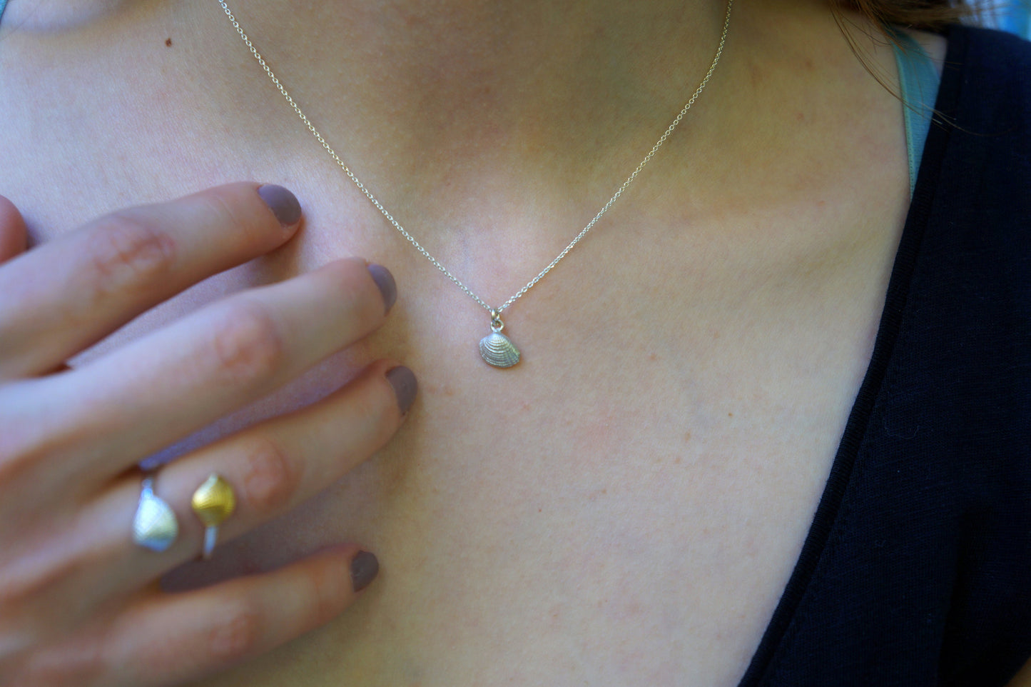 Tiny Silver Necklace. Real Sea Shell Pendant on chain on sterling silver