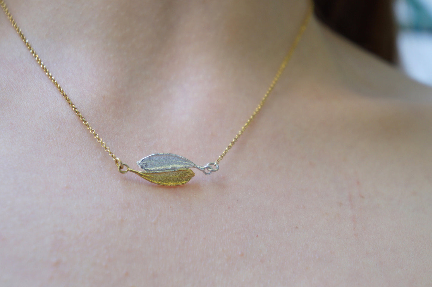 Yin yang necklace, Olive tree Necklace. Sterling silver 925 and 14K Gold plated on silver. 2 small Olive leaves Mother Nature Jewelry.