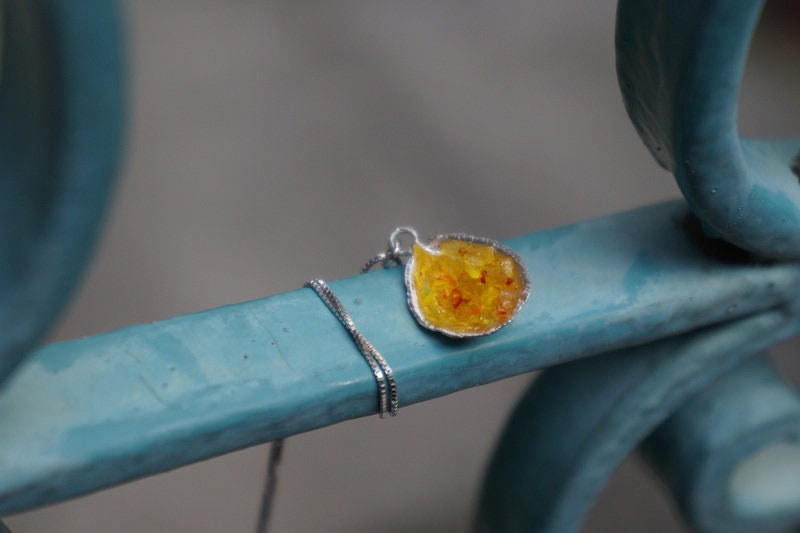 Sterling Silver Chain Necklace. Limpet pendant with Orange Murano raw stone