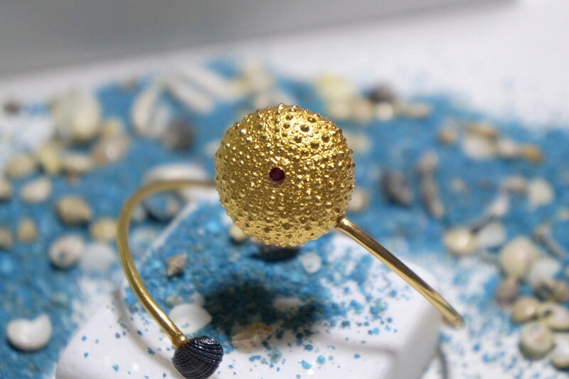 Sea Urchin and Shell Cuff Bracelet, Summer Gift for Her, 14K Gold plated Sterling Silver Bangle with Zircon Stone, Bridesmaid Jewelry