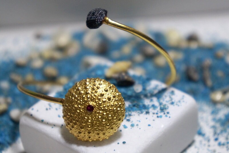 Sea Urchin and Shell Cuff Bracelet, Summer Gift for Her, 14K Gold plated Sterling Silver Bangle with Zircon Stone, Bridesmaid Jewelry
