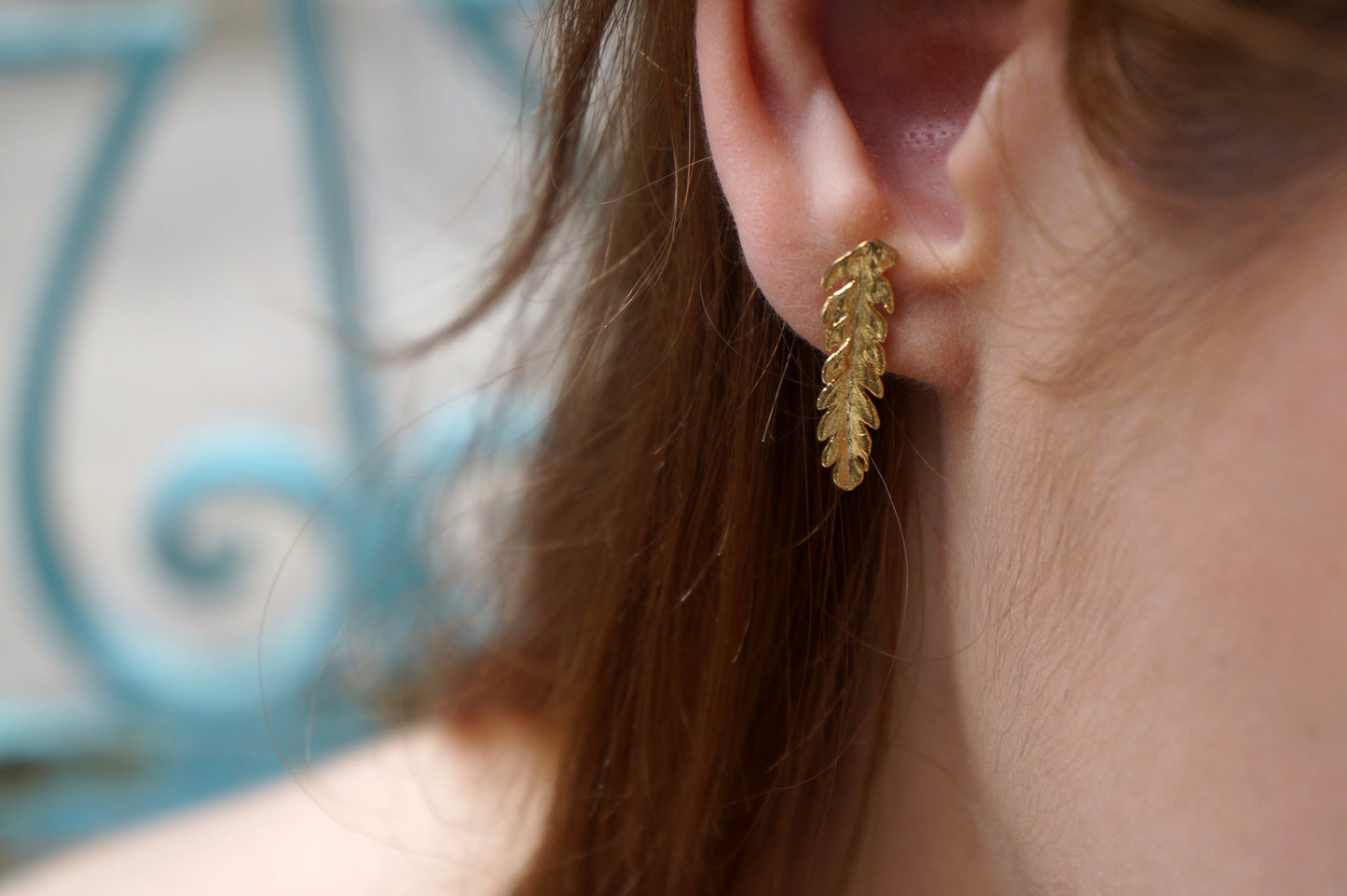 Solid Gold Small Stud Fern Earrings for Women, Mother Nature jewelry..(Rose,White or Yellow gold)
