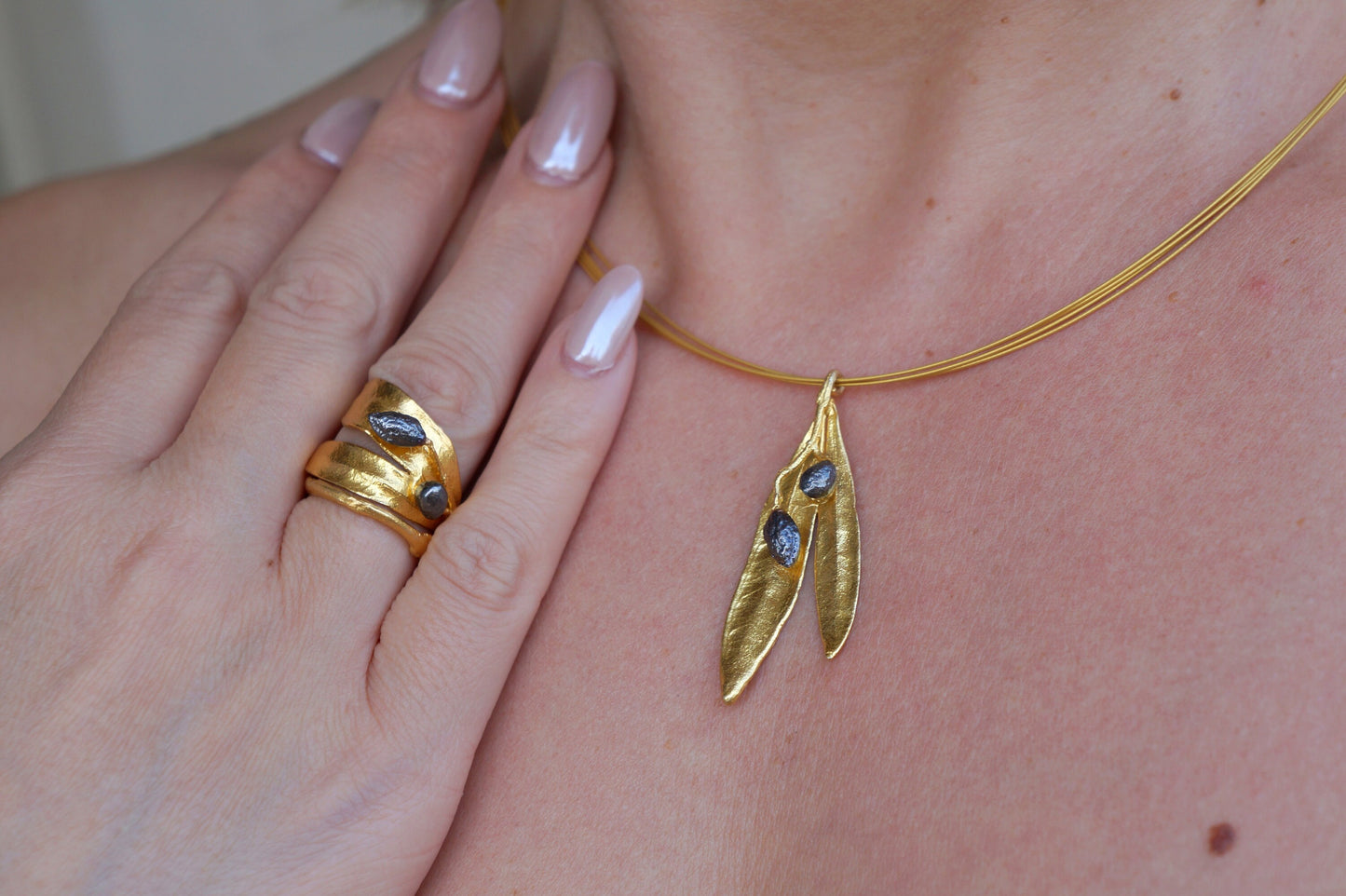 Gold unique ring for women. Olive leaf ring fruit and twig. Statement ring 14k Gold on sterling silver and Black Rhodium Fruits.