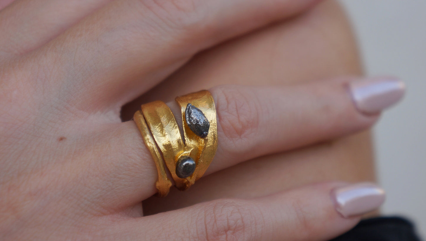 Gold unique ring for women. Olive leaf ring fruit and twig. Statement ring 14k Gold on sterling silver and Black Rhodium Fruits.