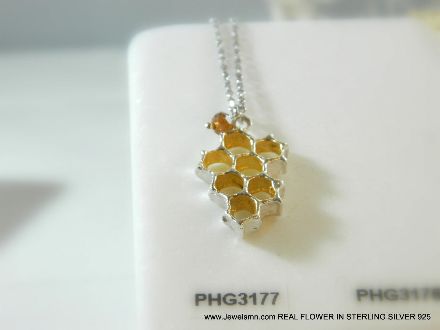 Bee necklace,Real honeycomb necklace for women in sterling silver. Goldplated 10-Hexagon necklace.