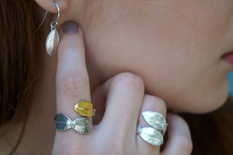 Long REAL Rose Leaf Earrings for women. 14k Gold on sterling silver.