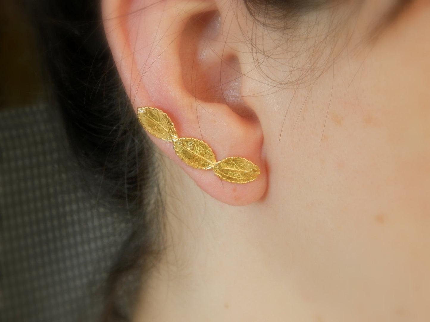 Ear crawler, Mismatched earrings. Real Rose leaf Ear climbers in sterling silver.Roses are ancient symbols of Love and Beauty .