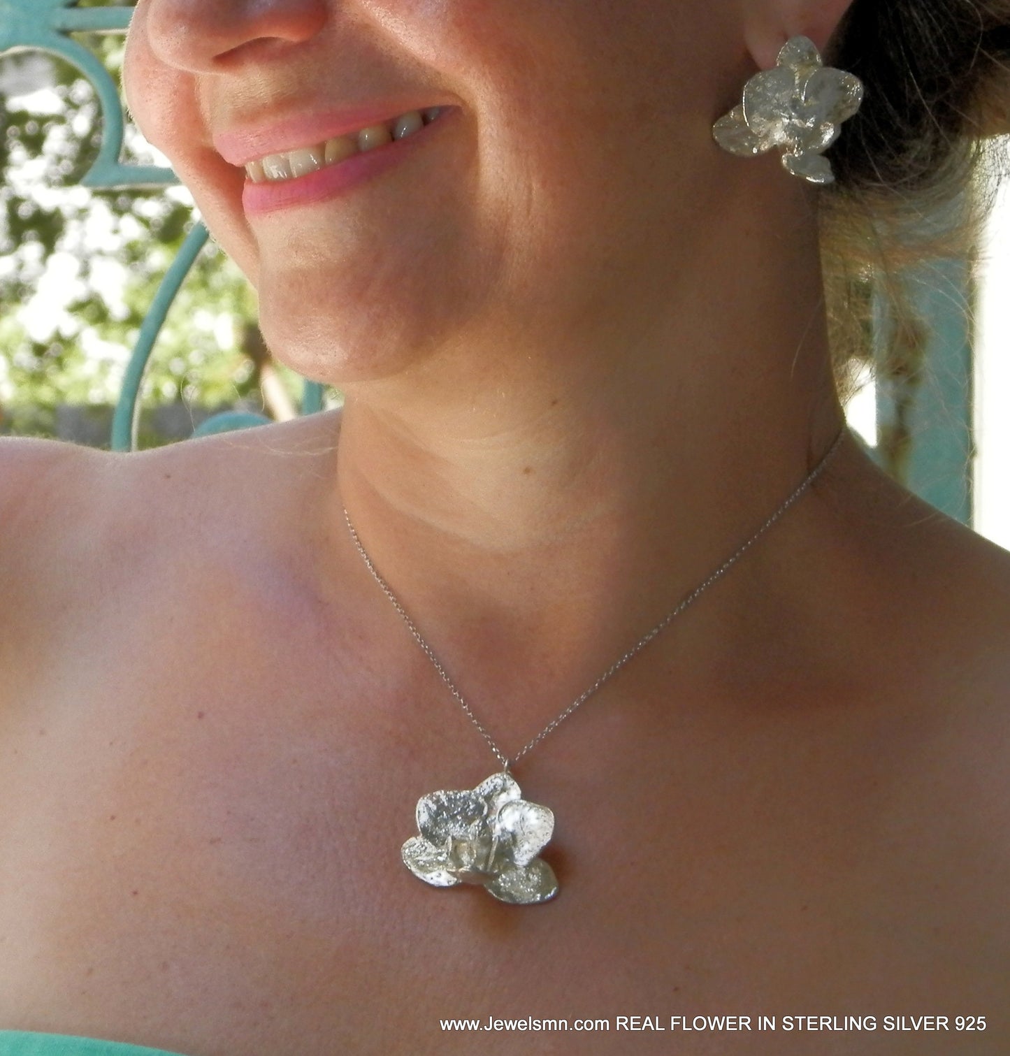 Orchid plant chain Necklace pendant in recycled sterling silver 925.Big Organic Jewelry symbolizes Innocence, Purity, Elegance, Reverence