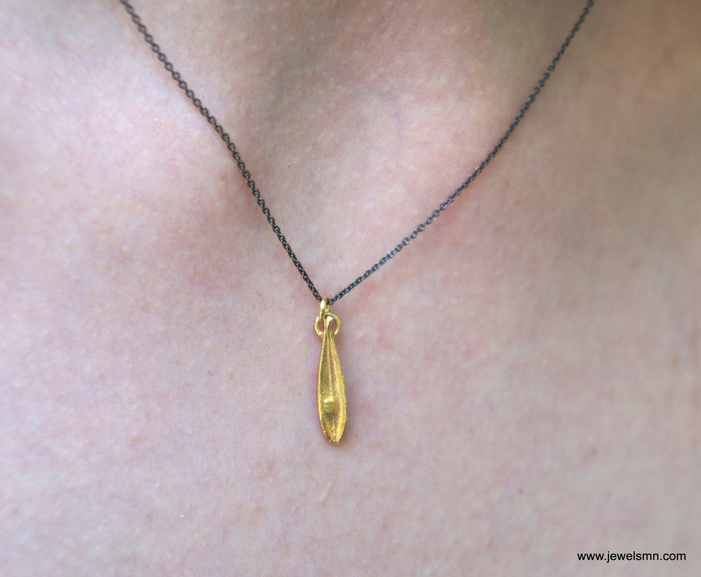 Minimalist Necklace.Tiny Gold Olive Leaf Pendant Necklace with black Rhodium chain.