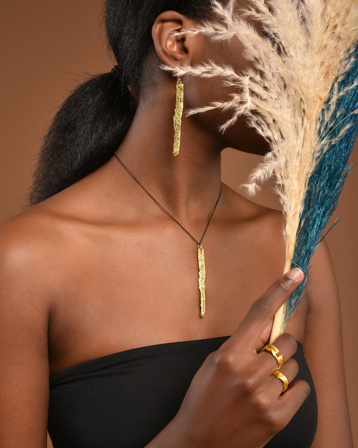 Tree bark Long Dangle Earrings.14k Gold plated on Sterling silver statement,