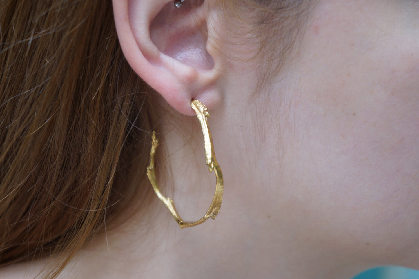 Solid gold Big hoop stud earrings for women. 9k or 14k or 18k Yellow pure gold hypoallergenic earrings from Mother Nature Jewelry.