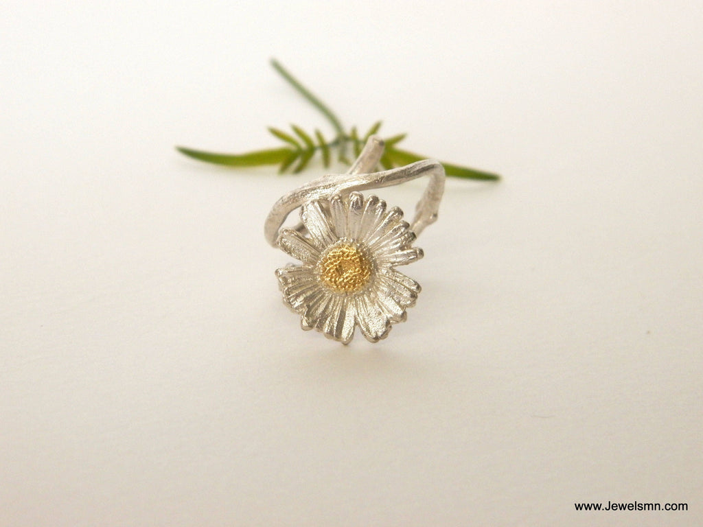 Chamomile Flower Ring, Handmade Sterling Silver Jewelry, Adjustable Band Fit