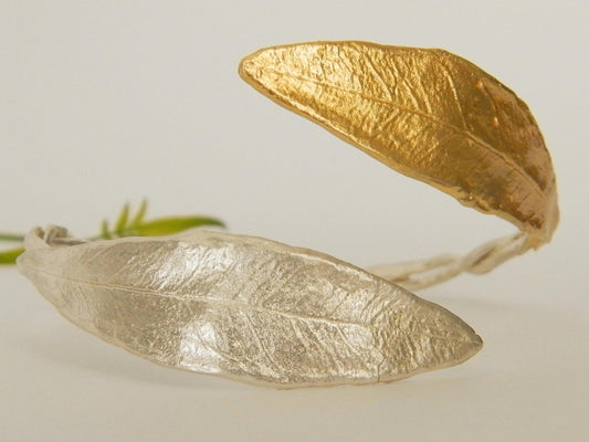 Olive Leaf cuff bracelet in sterling silver and Gold. Handmade Bracelet by Mother Nature Jewelry. Symbol of peace,Protection and fertility