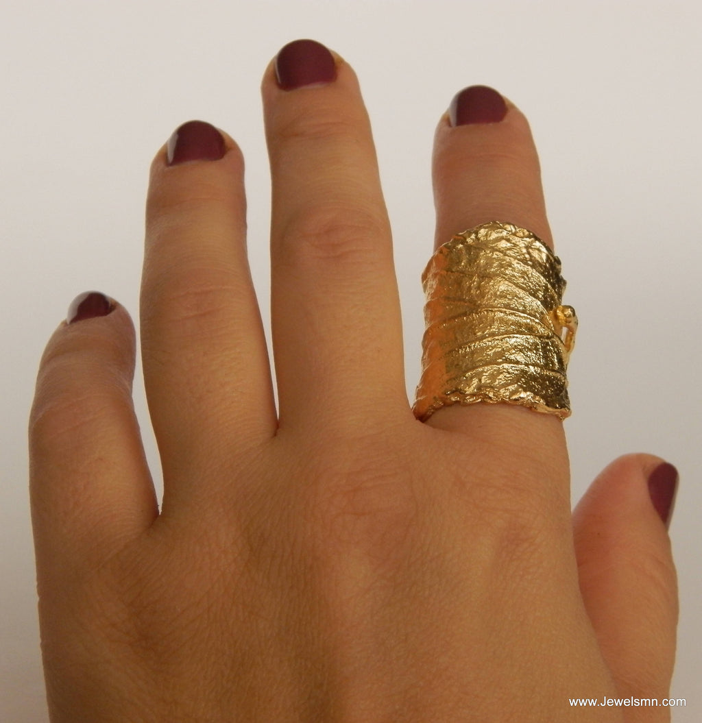 Gold Leaf Ring, Gold-Plated Sterling Silver Jewelry, Wide Leaf Band, Gift for Her, Birthday Gift for Women, Handmade Jewelry
