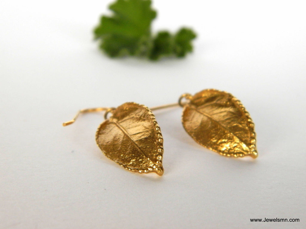 Nature Inspired Rose Leaf Earrings (14k Gold Plated, Sterling Silver)