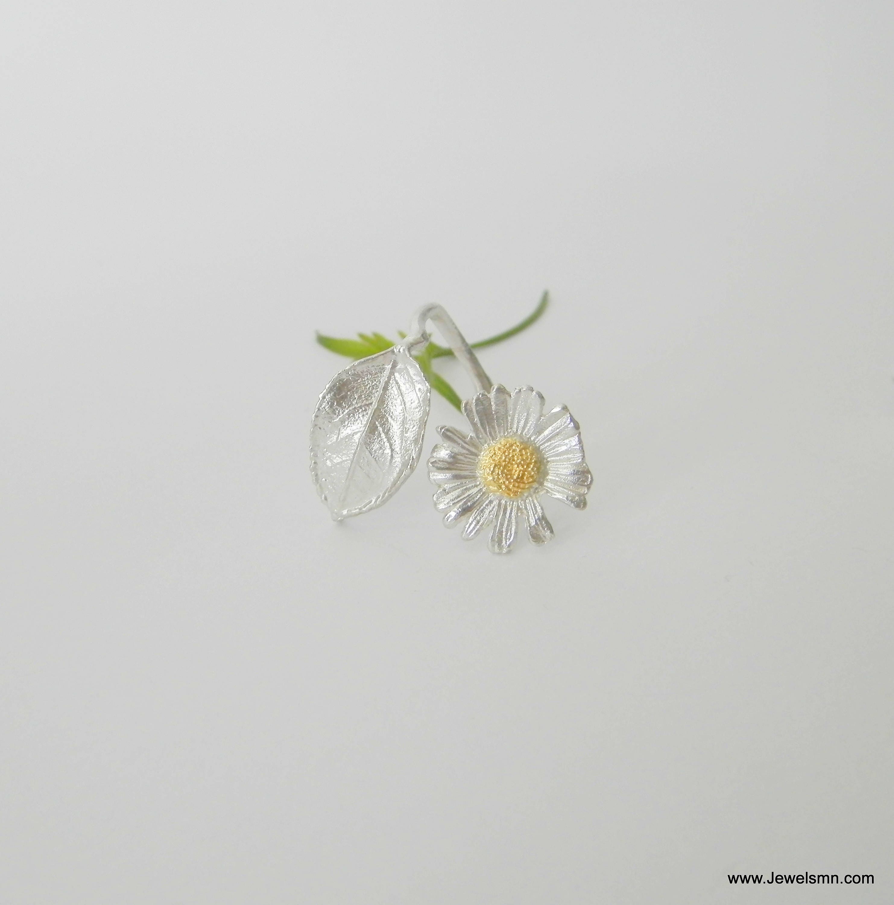 Sterling Silver Nature Ring - Real Pressed Rose Leaf and Chamomile Flower