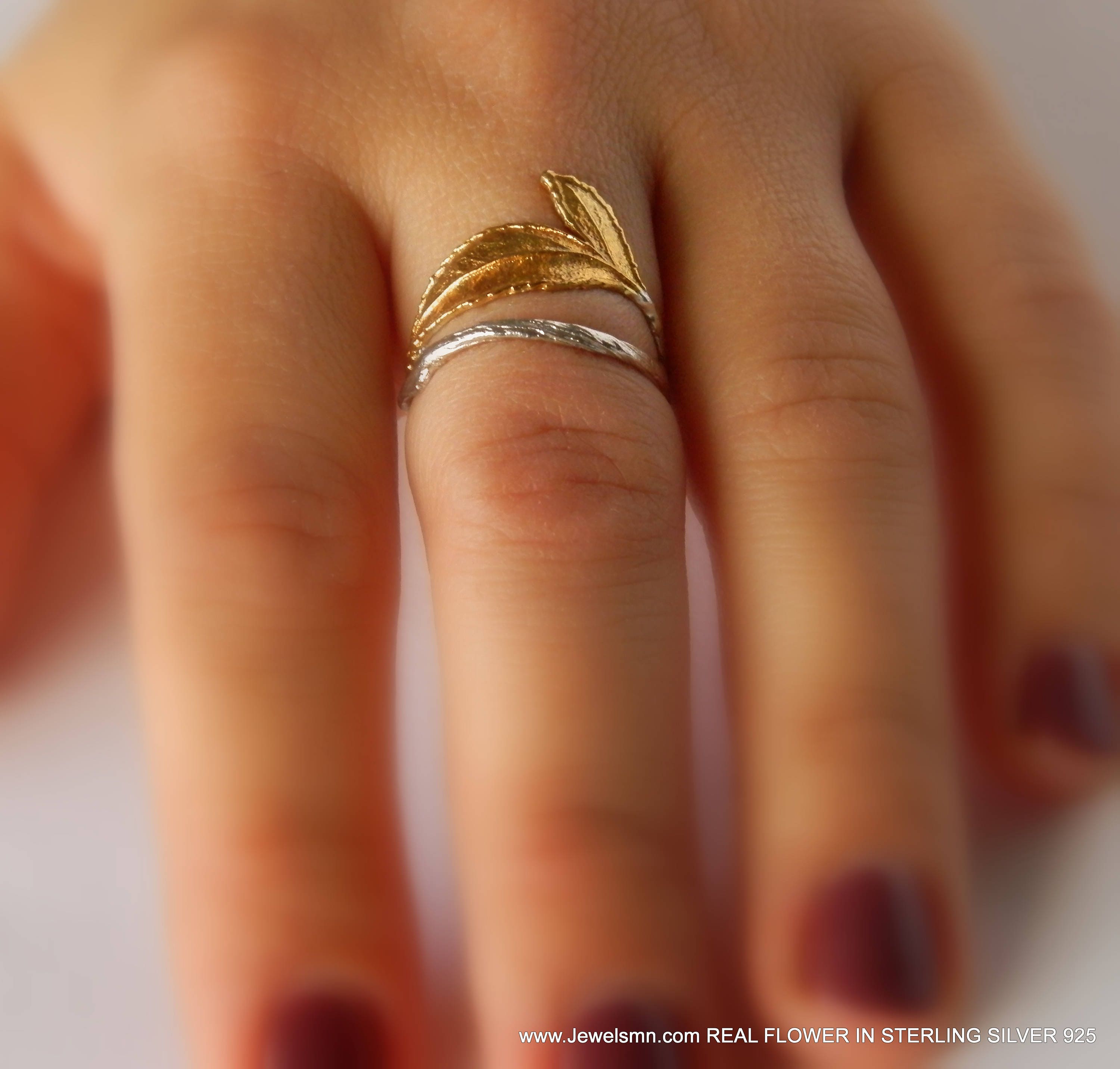 Gold & Silver Rose Leaf Ring, Gold-Plated Sterling Silver Jewelry, Gold Branch Band, Birthday Gift for Her, Handmade Jewelry for Women