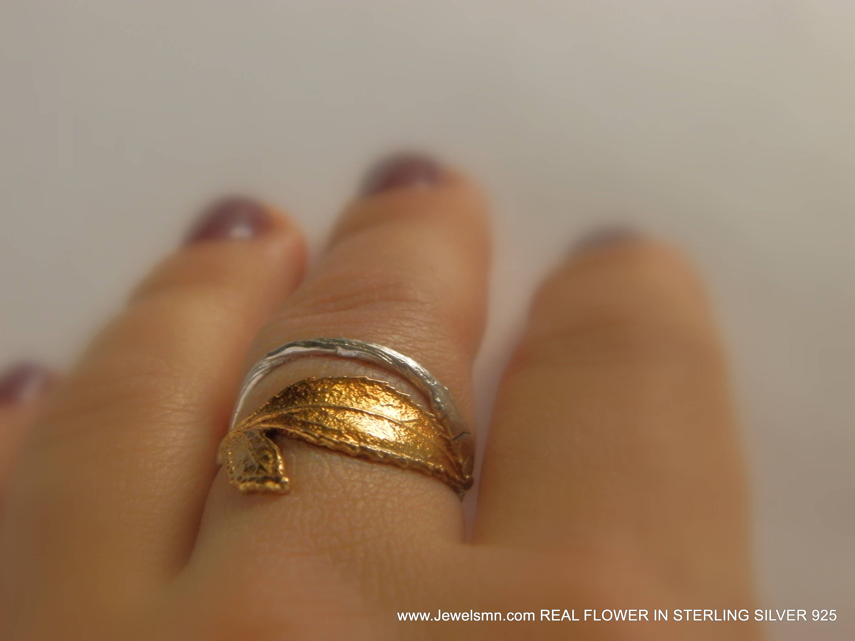 Gold & Silver Rose Leaf Ring, Gold-Plated Sterling Silver Jewelry, Gold Branch Band, Birthday Gift for Her, Handmade Jewelry for Women