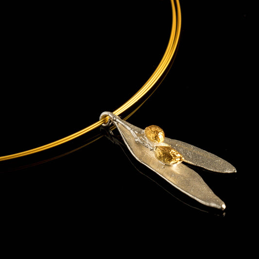 Olive Leaf Necklace, Sterling Silver Olive Leaf necklace with gold Olive fruit.