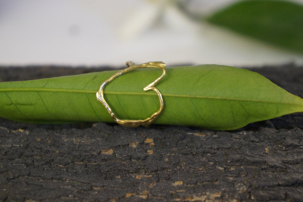 A gold heart-shaped ring rests on a green leaf, creating a serene and natural scene.