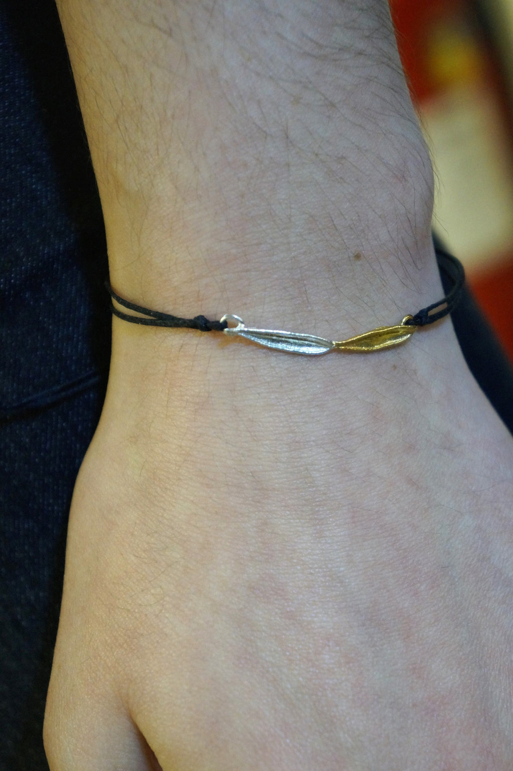 Sterling Silver Bracelet – Real Olive Leaf Adjustable Wax Cord Boho Jewelry