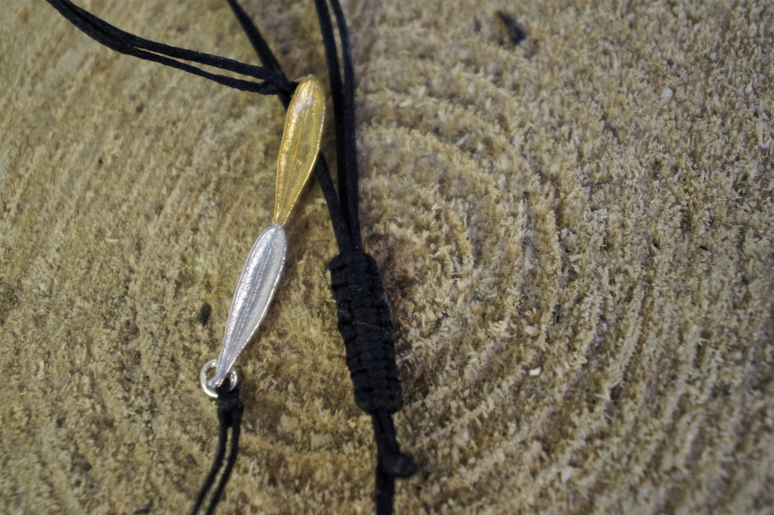 Sterling Silver Bracelet – Real Olive Leaf Adjustable Wax Cord Boho Jewelry