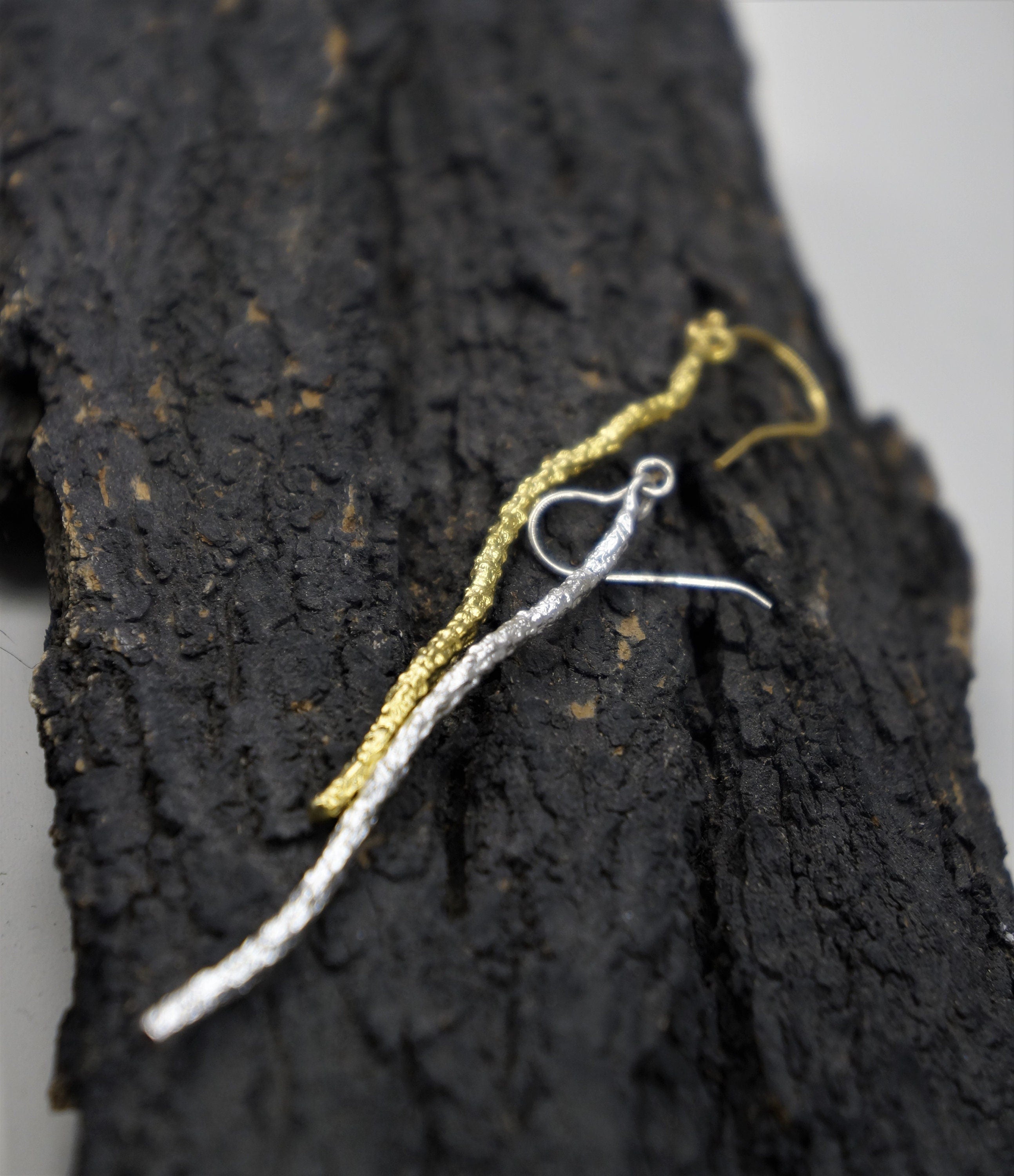 Silver Pine Twig Earrings - Mismatched Nature Statement Jewelry