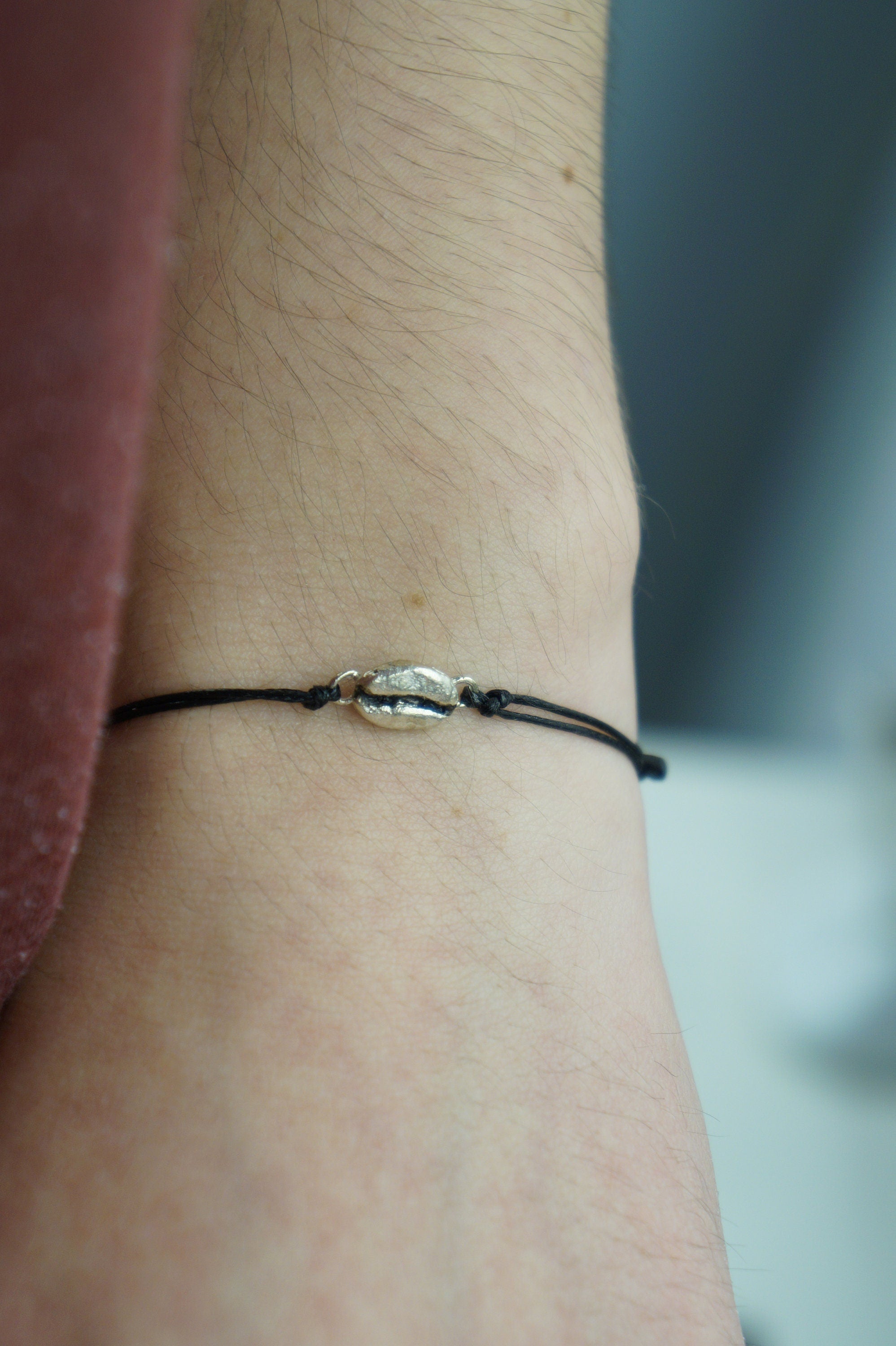 Coffee Bean Bracelet, Sterling Silver or Gold-Plated, Adjustable Cord, Minimalist Jewelry