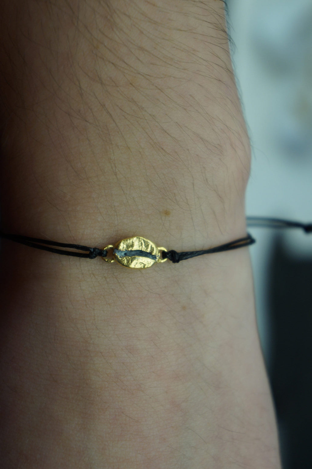 Coffee Bean Bracelet, Sterling Silver or Gold-Plated, Adjustable Cord, Minimalist Jewelry