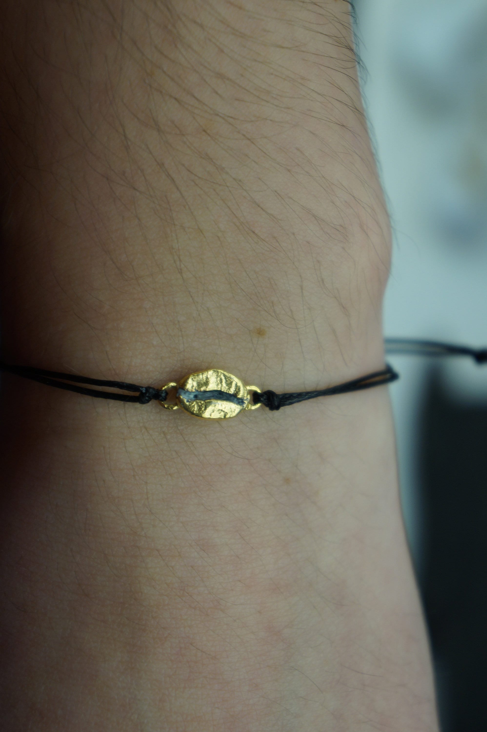 Coffee Bean Bracelet, Sterling Silver or Gold-Plated, Adjustable Cord, Minimalist Jewelry