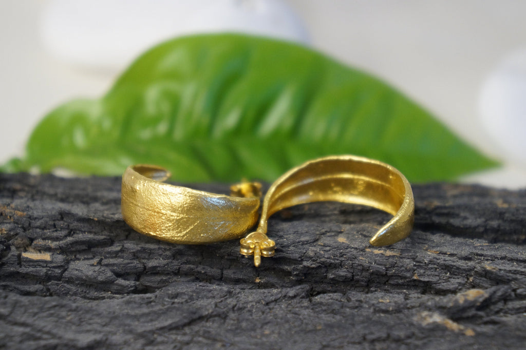 Olive Leaf Hoop Earrings - Minimal Gold Plated Sterling Silver
