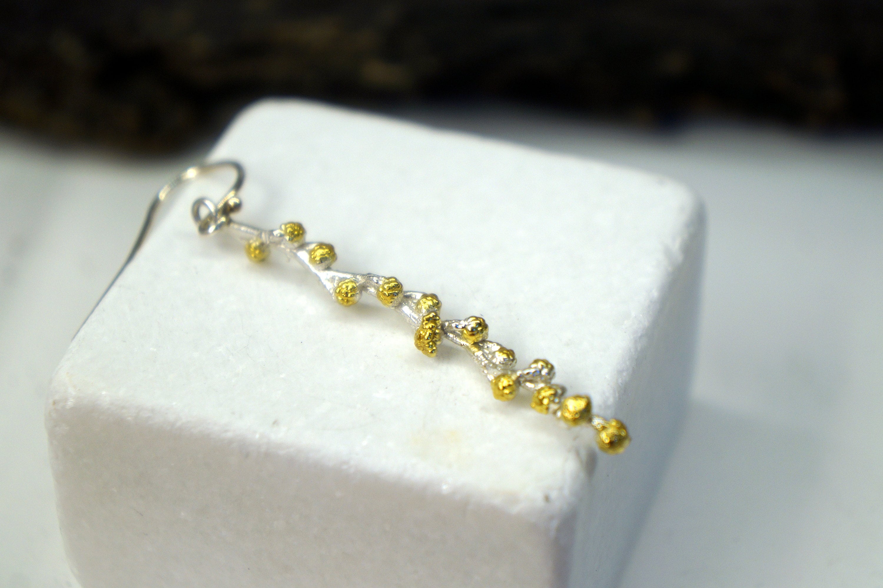 Sterling Silver Botanical Earrings - Real Twig with Gold Detail