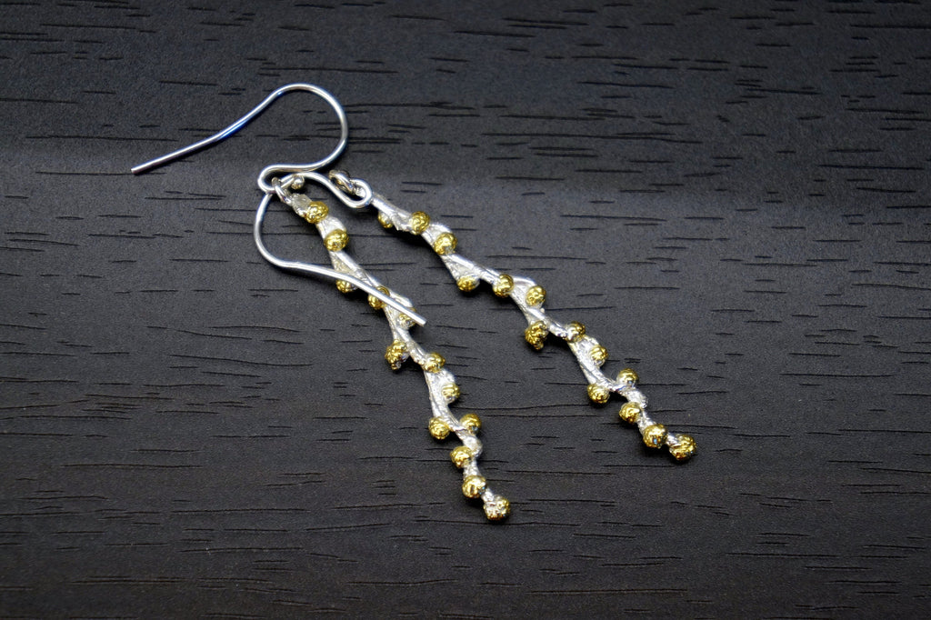 Sterling Silver Earrings – Botanical Branch Design With Gold Plated Blossoms