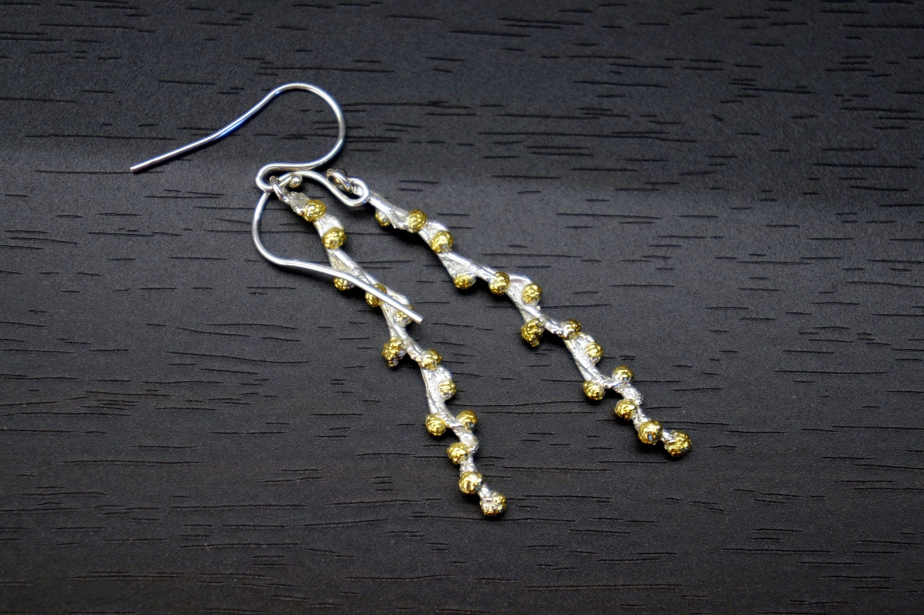 Sterling Silver Earrings – Botanical Branch Design With Gold Plated Blossoms