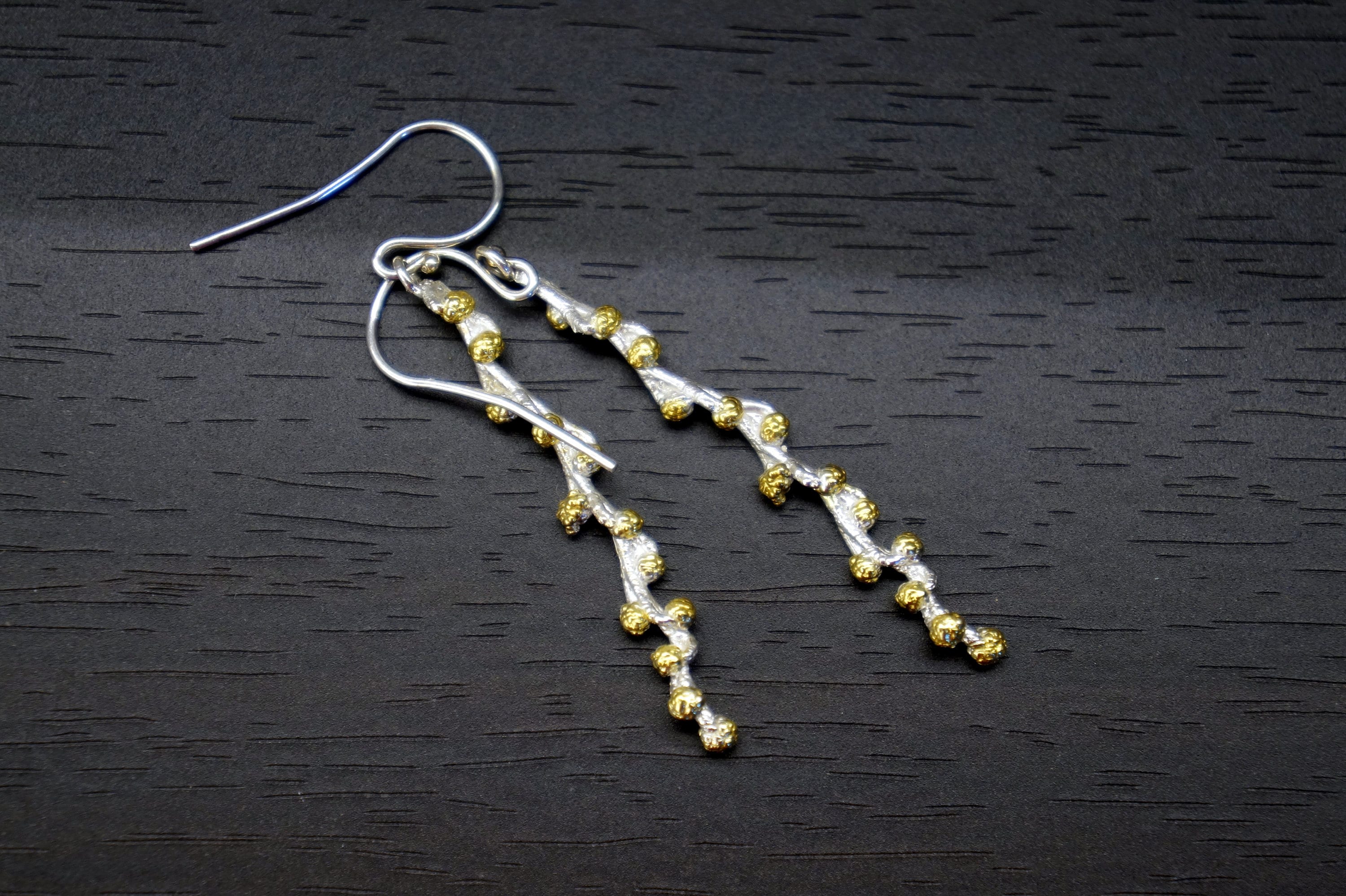 Sterling Silver Botanical Earrings - Real Twig with Gold Detail