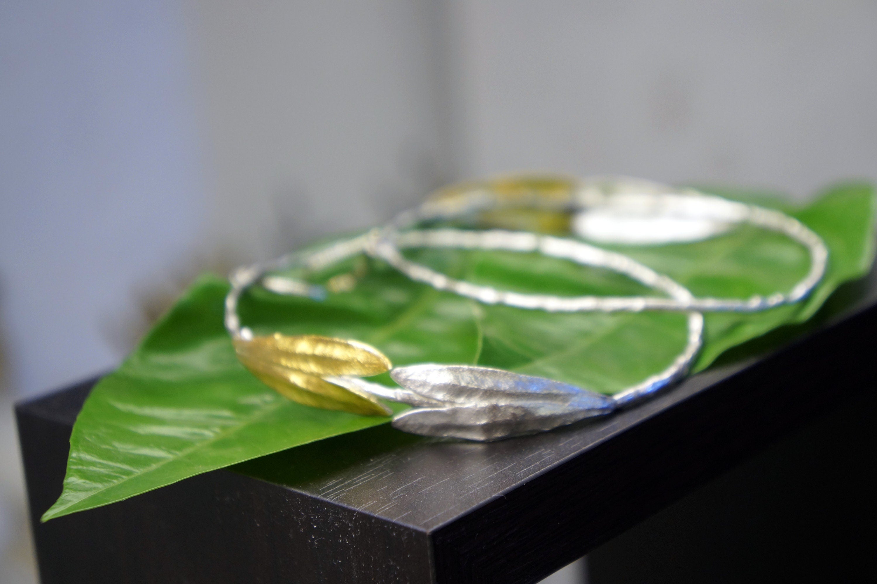 Large Hoop Earrings – Sterling Silver Hoops with Gold Olive Leaf Design